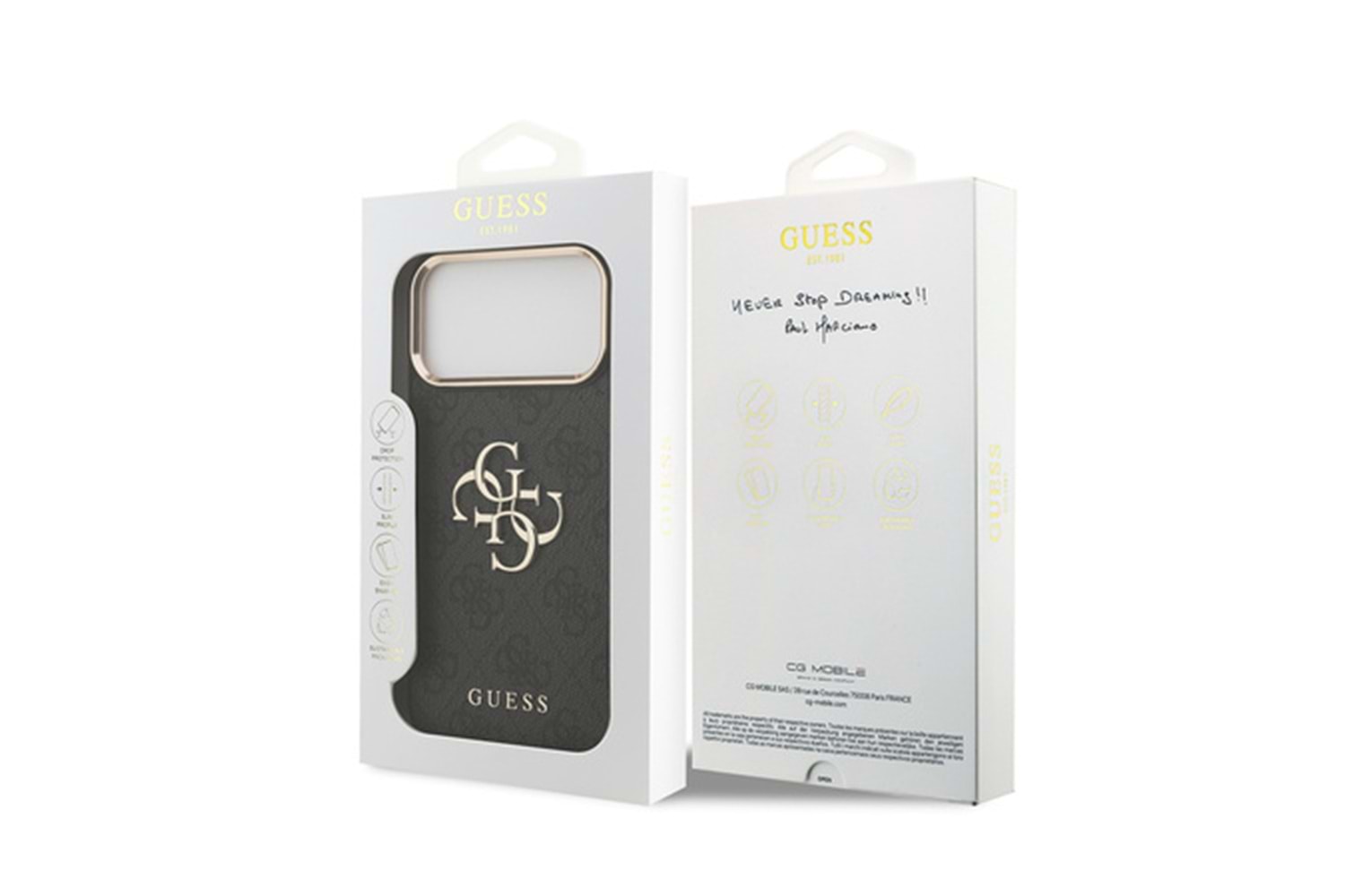 Apple iPhone 17 Pro Max Kılıf Guess Orjinal Lisanslı Gold Metal Kamera Çerçeveli 4G Desenli Metal Büyük 4G ve Yazı Logolu Kapak