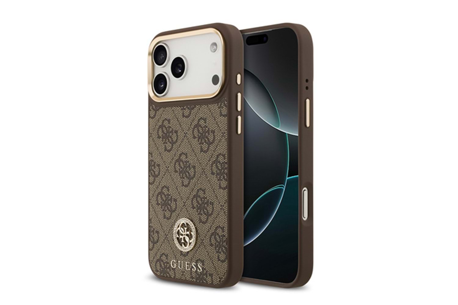 Apple iPhone 17 Pro Max Kılıf Guess Orjinal Lisanslı Gold Metal Kamera Çerçeveli 4G Desenli Metal Büyük 4G ve Yazı Logolu Kapak