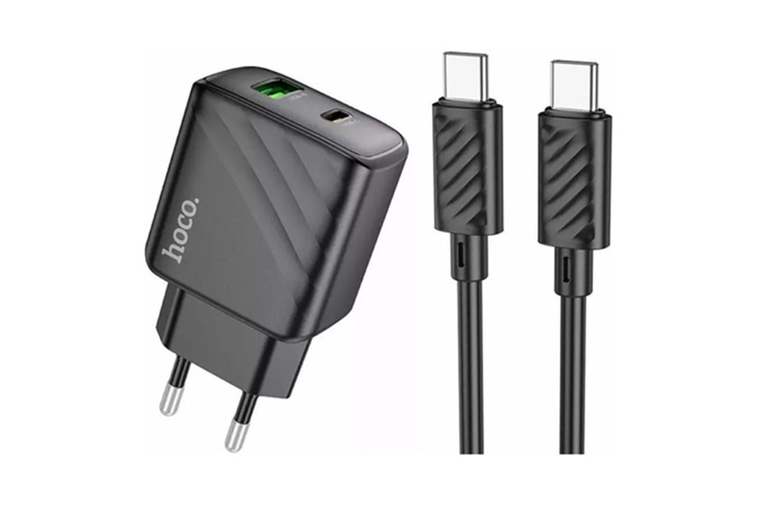Hoco. CS23A Sunlight 30W 1 Adet Type-C ve 1 Adet USB 3.0 QC Çıkışlı Ekstra Type-C to Type-C Kablolu PD Hızlı Şarj Aleti - Siyah