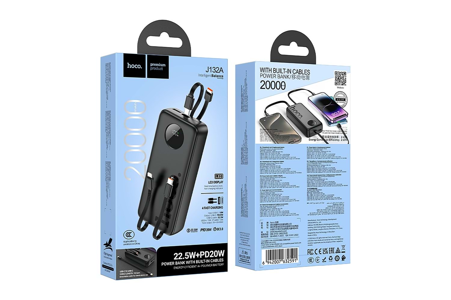 Hoco. J132A Sabio 20.000mAh PD20W Dahili 3 Kablolu Hızlı Şarj Powerbank