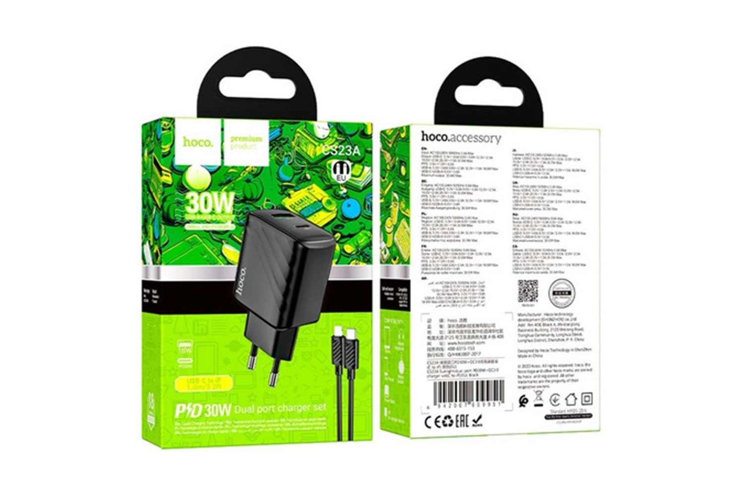 Hoco. CS23A Sunlight 30W 1 Adet Type-C ve 1 Adet USB 3.0 QC Çıkışlı Ekstra Type-C to Lightning Kablolu PD Hızlı Şarj Aleti - Siyah