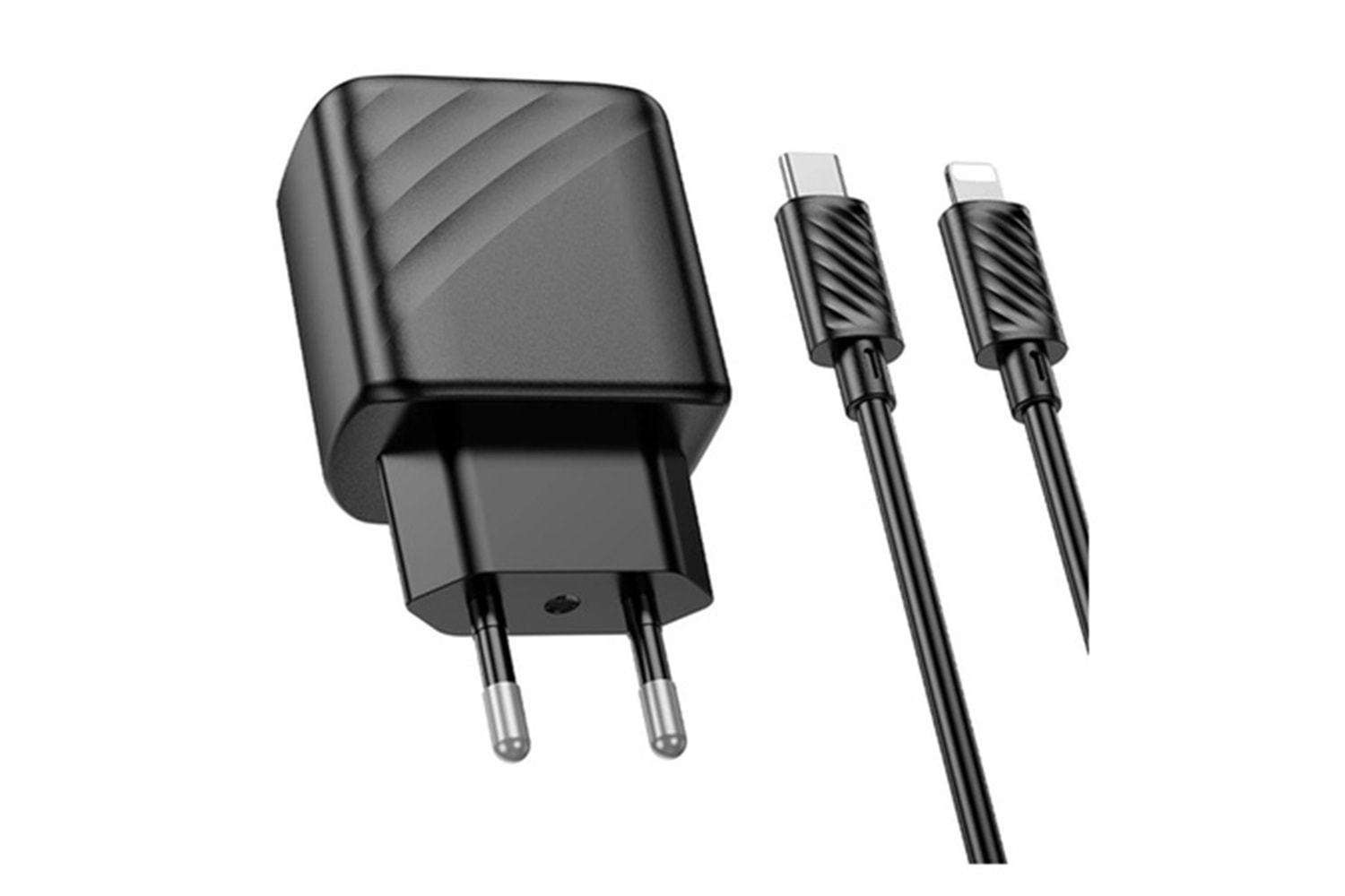 Hoco. CS23A Sunlight 30W 1 Adet Type-C ve 1 Adet USB 3.0 QC Çıkışlı Ekstra Type-C to Lightning Kablolu PD Hızlı Şarj Aleti - Siyah