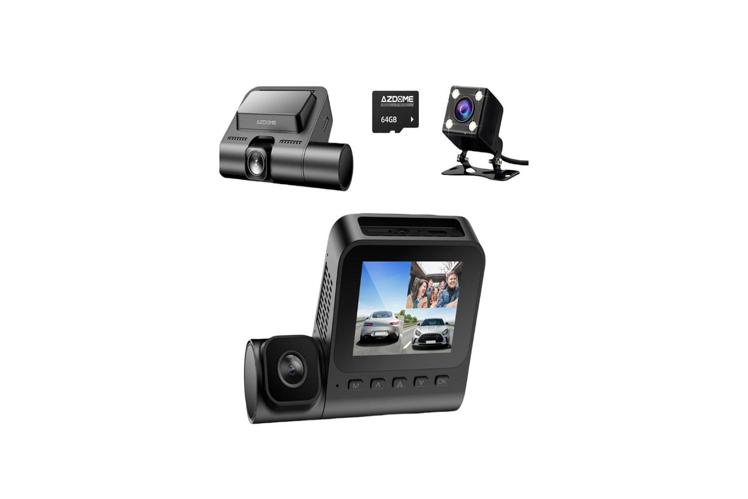 Azdome V600 Dash Cam 3 1080p front camera, 1080p indoor camera and VGA rear camera