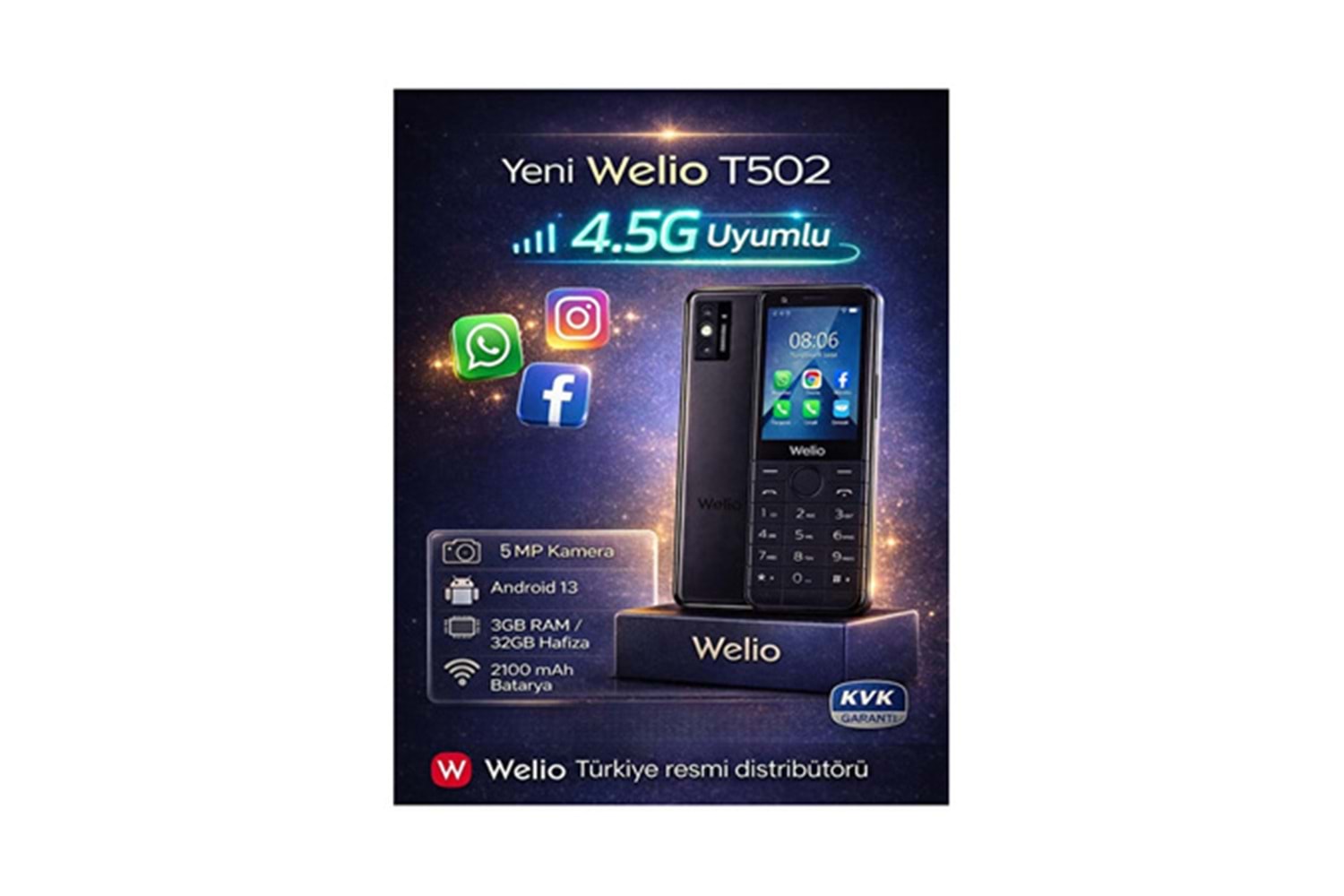 Welio Wkey T502 Kameralı Tuşlu Cep Telefonu Siyah