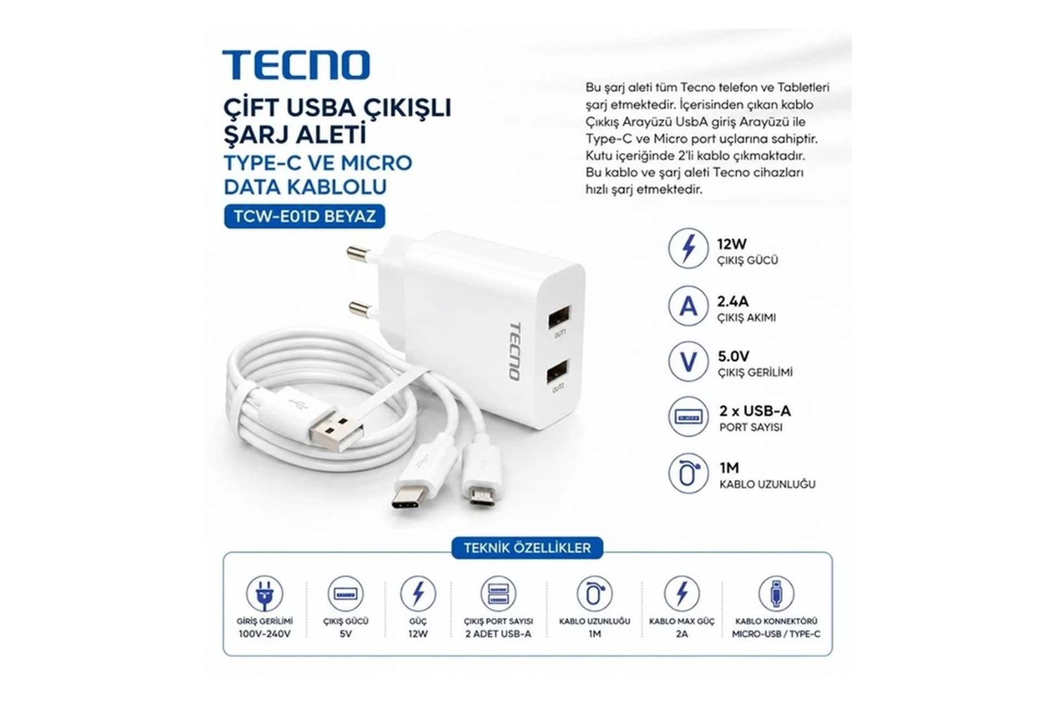 Tecno Çift UsbA Çıkışlı Şarj Aleti Type-C ve Micro TCW-E01D Beyaz 24 Ay Garantili