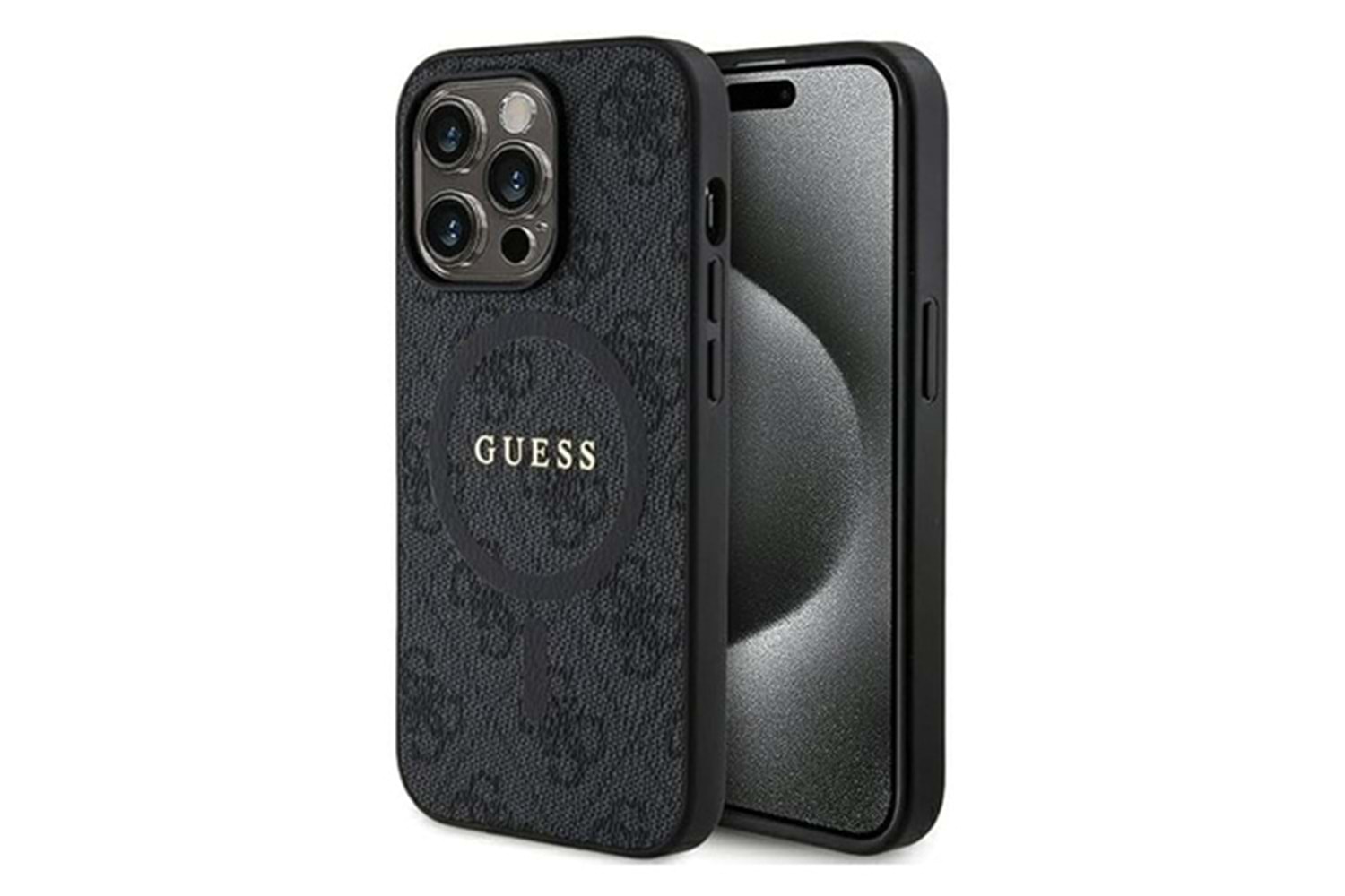 GUESS HC MAGSAFE PU 4G RING CLASSIC LOGO BLACK IP15 PRO MAX VE 15 PRO