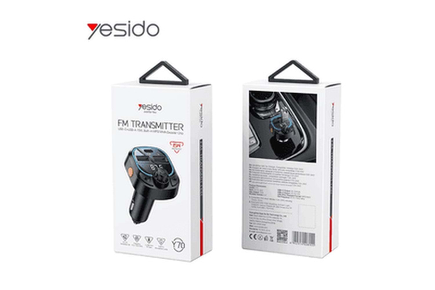 Yesido Y70 RGB 1 Adet 15W Type-C ve 1 Adet 15W USB Çıkışlı BT 5.3 FM Transmitter - Siyah