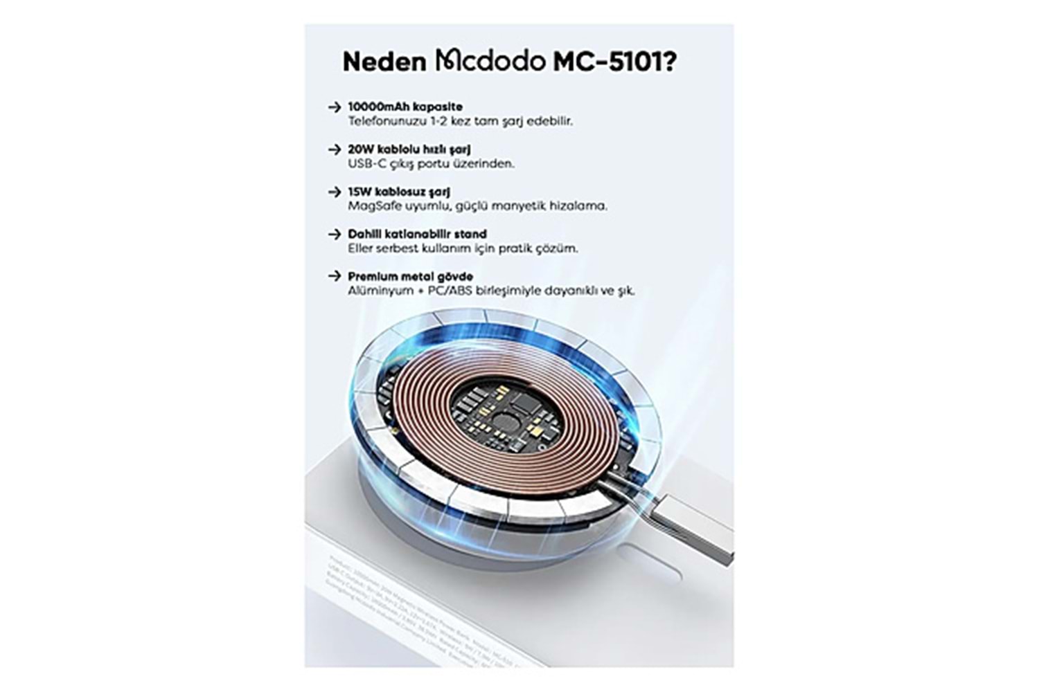 Mcdodo MC-593 10000 mAh Hızlı Şarj Kablosuz Powerbank