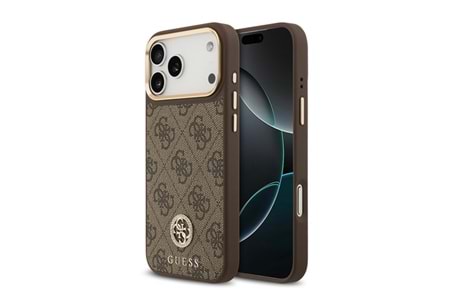 Apple iPhone 17 Pro Max Kılıf Guess Orjinal Lisanslı Gold Metal Kamera Çerçeveli 4G Desenli Metal Büyük 4G ve Yazı Logolu Kapak
