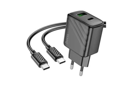 Hoco. CS23A Sunlight 30W 1 Adet Type-C ve 1 Adet USB 3.0 QC Çıkışlı Ekstra Type-C to Type-C Kablolu PD Hızlı Şarj Aleti - Siyah