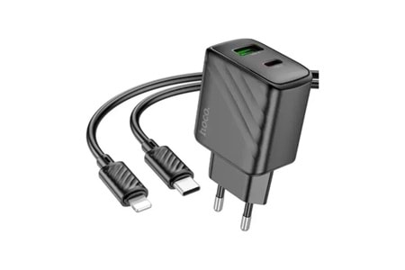 Hoco. CS23A Sunlight 30W 1 Adet Type-C ve 1 Adet USB 3.0 QC Çıkışlı Ekstra Type-C to Lightning Kablolu PD Hızlı Şarj Aleti - Siyah