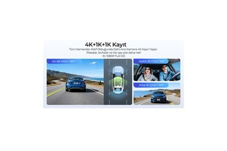 AZDOME M500 3 Kameralı 150 ° Görüş Açışı 4K Ultra HD Gece Görüşlü WiFi GPS Araç İçi Kamera