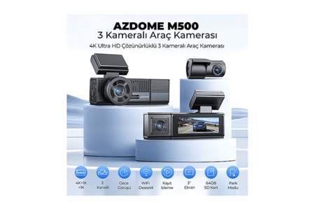 AZDOME M500 3 Kameralı 150 ° Görüş Açışı 4K Ultra HD Gece Görüşlü WiFi GPS Araç İçi Kamera