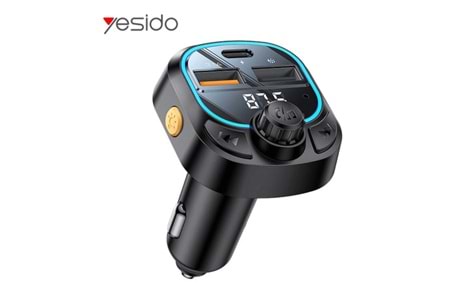 Yesido Y70 RGB 1 Adet 15W Type-C ve 1 Adet 15W USB Çıkışlı BT 5.3 FM Transmitter - Siyah
