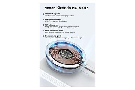 Mcdodo MC-593 10000 mAh Hızlı Şarj Kablosuz Powerbank