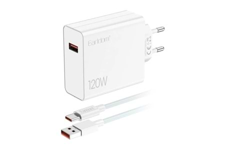 Earldom EU48 120W USB QC 3.0 Çıkışlı ve USB to Type-C Kablolu PD Hızlı Şarj Cihazı - Beyaz