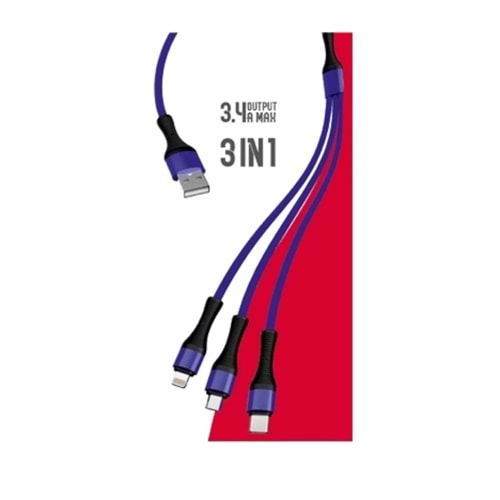 SWORD KABLO SW-3IN1M 3 ÇIKIŞLI 1M MAVİ SIFIR