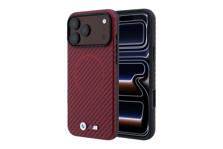 Apple iPhone 18 Pro Max Kılıf BMW Orjinal Lisanslı M-safe Şarj Özellikli PU Metal Logolu Kırmızı Halka Tasarımlı Kapak