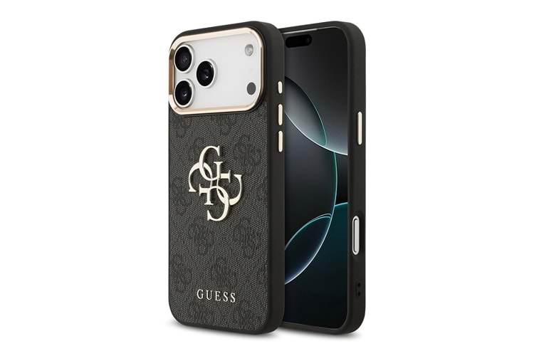 Apple iPhone 17 Pro Max Kılıf Guess Orjinal Lisanslı Gold Metal Kamera Çerçeveli 4G Desenli Metal Büyük 4G ve Yazı Logolu Kapak