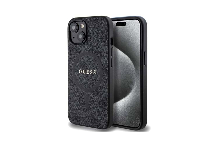Apple iPhone 15 Kılıf Guess Orjinal Lisanslı M-safe Şarj Özellikli PU Halkalı 4G Desenli Yazı Logolu Kapak