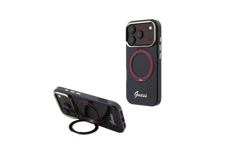 Apple iPhone 18 Pro Kılıf Guess Orjinal Lisanslı M-safe Şarj Özellikli 360 Derece Dönebilen Standlı Metal Yazı Logolu Silikon Kapak
