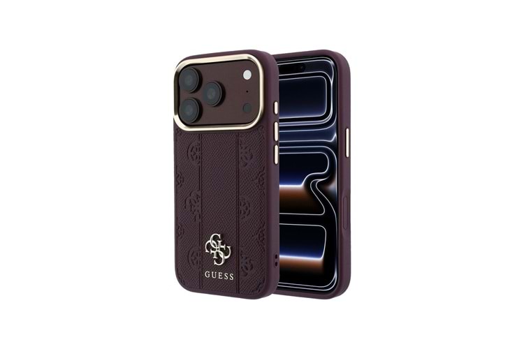 Apple iPhone 18 Pro Kılıf Guess Orjinal Lisanslı M-safe Şarj Özellikli Deri 4G Desenli Şeritli Yazı Logolu Kapak