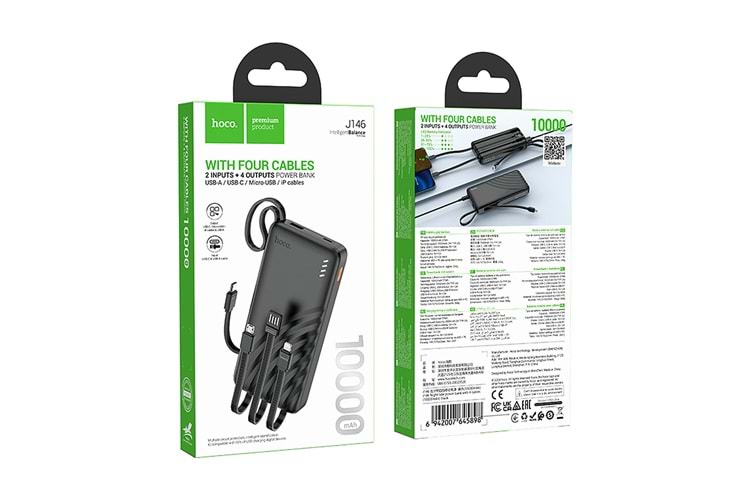 Hoco. J146 Night Tide 10.000mAh LED Göstergeli 4 Kablolu Powerbank