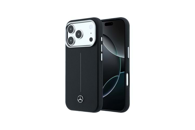 Apple iPhone 17 Pro Max Kılıf Mercedes Benz Orjinal Lisanslı M-safe Şarj Özellikli Metal Yıldız Logolu Çizgili Deri Kapak