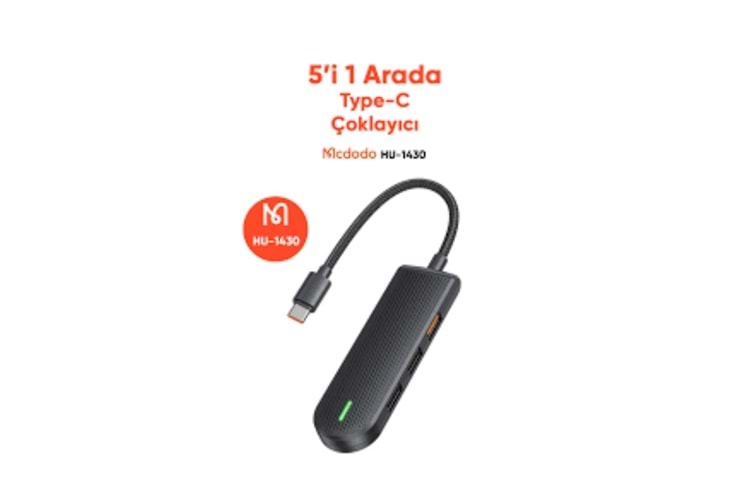 Mcdodo HU-1430 5 In 1 Type-C Çoklayıcı (Usb3.0x1+Usb2.0x2+Sd/tf Card Slotx1)- Gri
