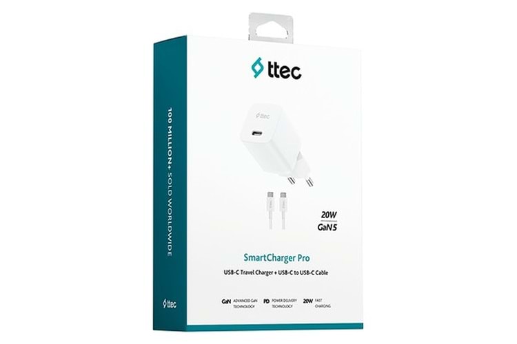 Ttec SmartCharger GAN 20W PD Seyahat Hızlı Şarj Aleti + USB-C - USB-C 150cm Kablo