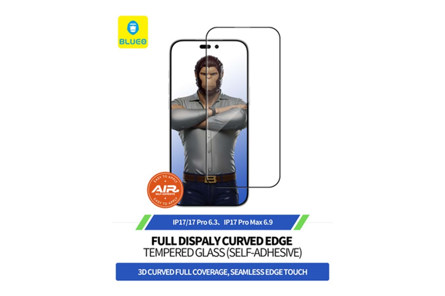 Blueo Full Glue iPhone 17 / 17 Pro Uyumlu Hizalama Aparatlı Kavisli ince Tam Kaplayan Cam Ekran Koruyucu