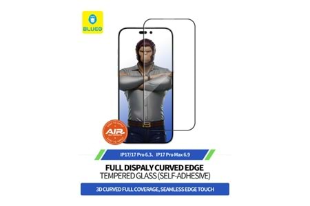 Blueo Full Glue iPhone 17 / 17 Pro Uyumlu Hizalama Aparatlı Kavisli ince Tam Kaplayan Cam Ekran Koruyucu