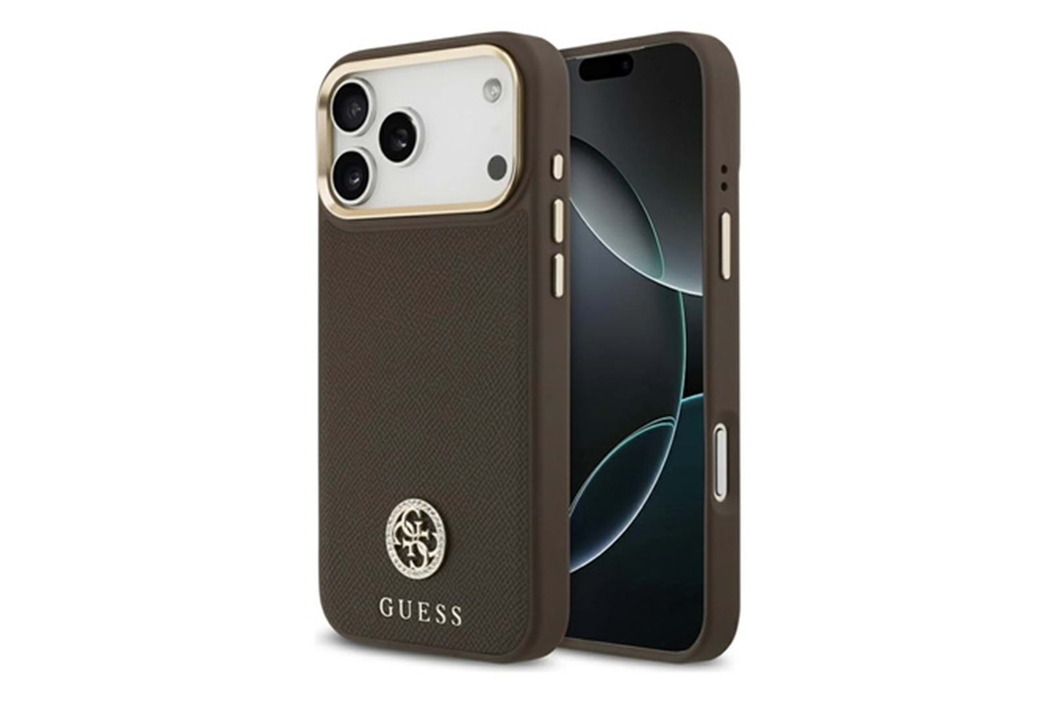 Apple iPhone 17 Pro Max Kılıf Guess Orjinal Lisanslı M-safe Şarj Özellikli Grained Yazı ve Taşlı 4G Logolu Kapak