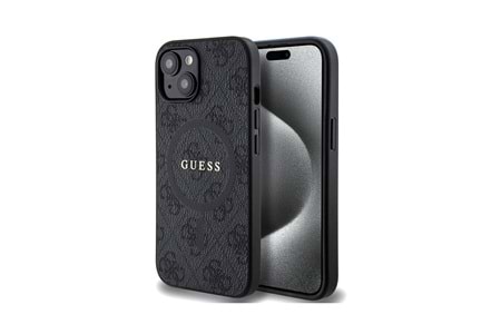 Apple iPhone 15 Kılıf Guess Orjinal Lisanslı M-safe Şarj Özellikli PU Halkalı 4G Desenli Yazı Logolu Kapak