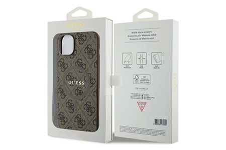 Apple iPhone 15 Kılıf Guess Orjinal Lisanslı M-safe Şarj Özellikli PU Halkalı 4G Desenli Yazı Logolu Kapak