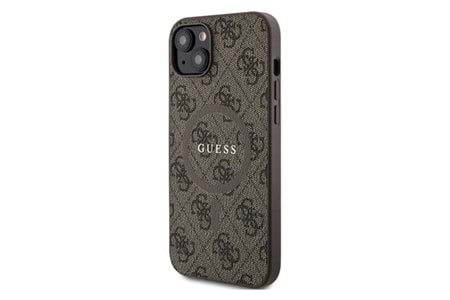 Apple iPhone 15 Kılıf Guess Orjinal Lisanslı M-safe Şarj Özellikli PU Halkalı 4G Desenli Yazı Logolu Kapak