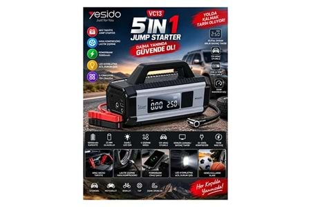 Yesido VC13 Dijital Göstergeli 10.000 mAh Bataryalı Led Acil Durum Fenerli Akü Takviye Özellikli Kablosuz Hava Kompresörü - Siyah